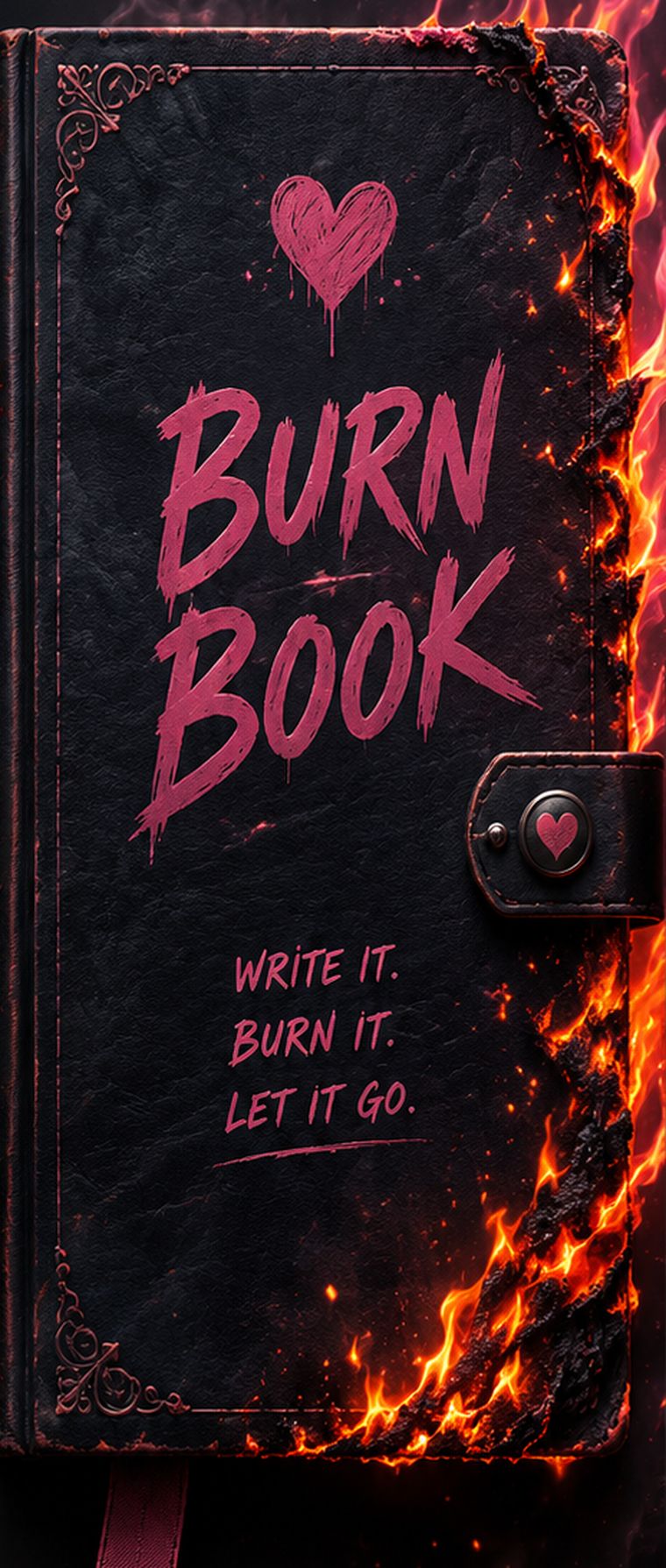 The Burn Book — a black leather journal with a dripping pink heart, its edge on fire